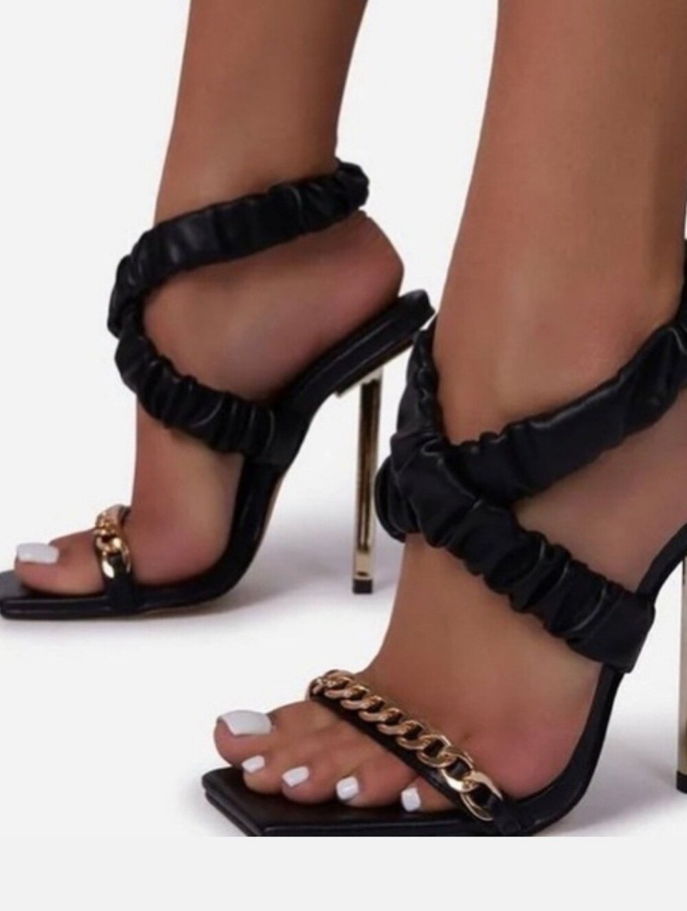 Black Ruched Strap Stiletto Heels with Gold Chain Accent